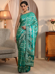 Libas green Bandhani satin silk saree with zari and stone work view 4