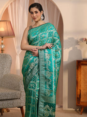 Libas green Bandhani satin silk saree with zari and stone work view 7