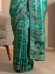 Libas green Bandhani satin silk saree with zari and stone work view 8