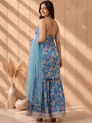 Anouk Rustic Blue Floral Printed Kurta Sharara Set with Dupatta view 2