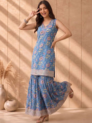 Anouk Rustic Blue Floral Printed Kurta Sharara Set with Dupatta view 7