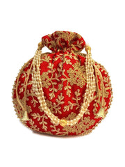 Maate Red Floral Embroidered Potli Handheld Bag view 2