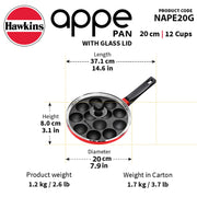 Hawkins Nonstick Appe Pan with Glass Lid, 12 Cups, Diameter 20 cm, Black , Cast Aluminium, Red (NAPE20G)
