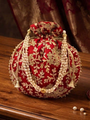 Maate Red Floral Embroidered Potli Handheld Bag view 1