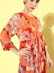 Quiero Orange Floral Printed Longline Tie-Up Chiffon Shrug view 4