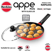 Hawkins Nonstick Appe Pan with Glass Lid, 12 Cups, Diameter 20 cm, Black , Cast Aluminium, Red (NAPE20G)