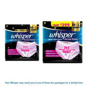 Whisper Super Absorbent Period Panty, 6 M-L Pants, 360 Degree Leakage Protection* for Heavy Flow, Panty like Fit, Full back Coverage, Absorbs Heavy Gushes, Silky Soft, Comfortable Feel