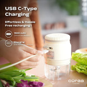 CÜRAA Chopper Electric for Kitchen | ChopLab Neo USB Vegetable Chopper for Kitchen Use by Chef Sanjyot Keer | Rechargeable Chopper with Stainless Steel Blades, 250ml, Beige