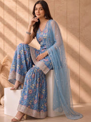 Anouk Rustic Blue Floral Printed Kurta Sharara Set with Dupatta view 5