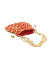 Maate Red Floral Embroidered Potli Handheld Bag view 3