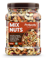 PrettyNutty Healthy Nutmix 500g Jar | Almonds, Cashews, Black Raisins, Cranberries, Black Dates & Mo