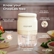 CÜRAA Chopper Electric for Kitchen | ChopLab Neo USB Vegetable Chopper for Kitchen Use by Chef Sanjyot Keer | Rechargeable Chopper with Stainless Steel Blades, 250ml, Beige