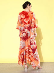 Quiero Orange Floral Printed Longline Tie-Up Chiffon Shrug view 5