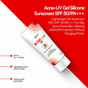 Acne-UV Sunscreen SPF50 PA+++ | Acne UV Gel Sunscreen | Non Comedogenic Silicone Gel | Oil-Free | UVA/UVB Protection | Water Resistant | No White Cast | Suitable for All Skin Types