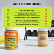 Pintola All Natural Peanut Butter Crunchy | Smooth, Unsweetened | 30g Protein | Gluten & Cholesterol Free, Vegan Peanut Butter, Nut Butter, High in Protein Spread, 100% Pure Roasted peanuts butter
