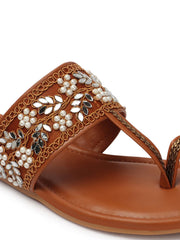 Anouk Tan Floral Embroidered One Toe Ethnic Flats view 7
