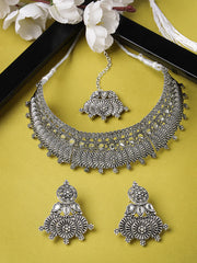 Eye-Catchy Oxidised Silver Plated Choker Necklace Set With Earring | Mangtikka Set For Women (NS105642)