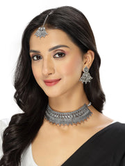 Eye-Catchy Oxidised Silver Plated Choker Necklace Set With Earring | Mangtikka Set For Women (NS105642)