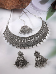 Eye-Catchy Oxidised Silver Plated Choker Necklace Set With Earring | Mangtikka Set For Women (NS105642)