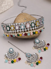 Fashion-Forward Gold Plated with AD Beads Choker Necklace Set Earring and Maangtikka Jewellery Set for Women