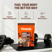 PINTOLA 26g High Protein Oats, Dark Chocolate, No Refined Sugar, with Almonds, Raisins, Pumpkin & Chia Seeds, 9.6g Fibre, Rolled Oats for Weight Loss, Breakfast Cereals | Gluten Free