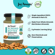 Jus' Amazin Creamy Almond Butter - Unsweetened (125 g) | 25% Protein | Only Pure Whole Almonds | Zero Additives/Chemicals |Plant Based, Dairy Free, Keto | Clean Nutrition, 0% Chemicals