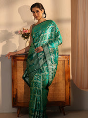 Libas green Bandhani satin silk saree with zari and stone work view 3
