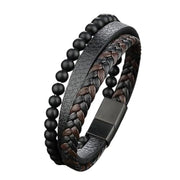 MEENAZ Black Leather Bracelet for Men Boys Magnetic-Clasp Evil Eye Bracelets for Men Stylish Combo Silver Stainless Steel Birthday Gift Anniversary Husband