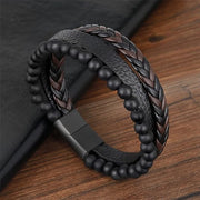 MEENAZ Black Leather Bracelet for Men Boys Magnetic-Clasp Evil Eye Bracelets for Men Stylish Combo Silver Stainless Steel Birthday Gift Anniversary Husband