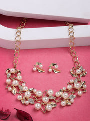 Scintillare Fashionable Gold Plated Crystal Diamond Studded with Pearls Leaf Shaped Choker Necklace with Studs Earring Jewellery Set for Women & Girls|Latest Stylish Jewellery