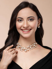 Scintillare Fashionable Gold Plated Crystal Diamond Studded with Pearls Leaf Shaped Choker Necklace with Studs Earring Jewellery Set for Women & Girls|Latest Stylish Jewellery
