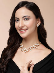 Scintillare Fashionable Gold Plated Crystal Diamond Studded with Pearls Leaf Shaped Choker Necklace with Studs Earring Jewellery Set for Women & Girls|Latest Stylish Jewellery