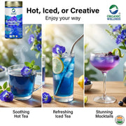 Organic Wellness Butterfly Pea Flower Tea 50G Tin Pack | Caffeine Free Herbal Tea | Stress Relief | Memory Boosting | Calming | Brain Stimulant | Rich Antioxidants | Hair Skin Health