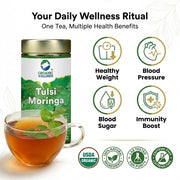 Organic Wellness Tulsi Moringa Herbal Tea - 100g Tin | Superfood Drumstick Leaf Powder | Boost Immunity & Energy | Pack of -1