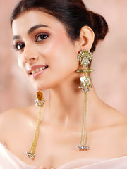 Rubans gold plated Kundan pearl long tassel earrings view 3