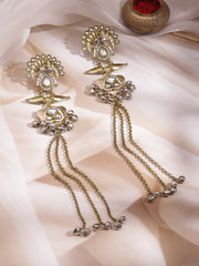 Rubans gold plated Kundan pearl long tassel earrings view 6