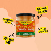 REPEAT GUD Vegan Tandoori Mayo | 100% Chemical Free | Soy Free | 50% Less Fat | 10x more Protein | No Refined Sugar | No Soy/ Palm Oil | Plant Based | Extra Creamy & Delicious With Cashew Milk & Pea Protein | Healthy Sauce For Kids | 180 gm