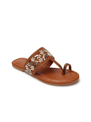 Anouk Tan Floral Embroidered One Toe Ethnic Flats view 3