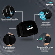 TYNOR Tennis Elbow Support, with Adjustable Compression for Pain Relief & Elbow Stability | for Sports, Gym, Running, Training & Injury Recovery for Men & Women | Pack of 1 (Black, Medium)