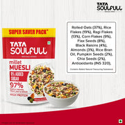Tata Soulfull 0% Added Sugar Millet Muesli, 700 g, High Protein, Rich in Fibre, 97% Wholegrains, Fruit, Nut & Seeds, Contains Ragi Flakes, Contains Almonds, Flax Seeds, Chia Seeds, Pumpkin Seeds