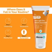 The Derma Co Ultra Light Zinc Mineral Sunscreen I With SPF 50 PA+++ I Water & Sweat Resistant | UVA, UVB & Blue Light Protection I Lightweight & Non- Greasy I No white Cast I For All Skin Type - 50g