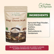 URBAN SPROUTS Sprouted Ragi Choco Malt Health Drink Mix | Sprouted Ragi with Cocoa, Almond & Cashew | Calcium & Fiber Rich Nutrition Drink | No Preservatives | Nutritious Milk Mix | 200 Grams