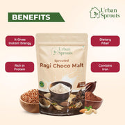 URBAN SPROUTS Sprouted Ragi Choco Malt Health Drink Mix | Sprouted Ragi with Cocoa, Almond & Cashew | Calcium & Fiber Rich Nutrition Drink | No Preservatives | Nutritious Milk Mix | 200 Grams