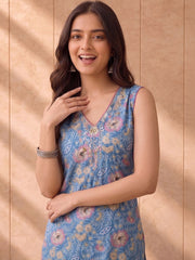 Anouk Rustic Blue Floral Printed Kurta Sharara Set with Dupatta view 4