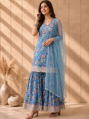 Anouk Rustic Blue Floral Printed Kurta Sharara Set with Dupatta view 1