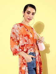 Quiero Orange Floral Printed Longline Tie-Up Chiffon Shrug view 2