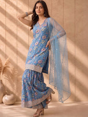 Anouk Rustic Blue Floral Printed Kurta Sharara Set with Dupatta view 3