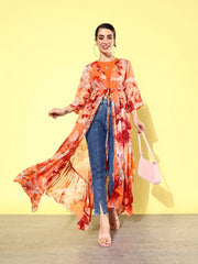 Quiero Orange Floral Printed Longline Tie-Up Chiffon Shrug view 1