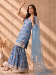 Anouk Rustic Blue Floral Printed Kurta Sharara Set with Dupatta view 6