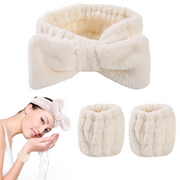 Spa Headband & Wrist Wash Band Set (3 pcs) | Soft Microfiber Bow Headband + 2 Wristbands for Face Wa